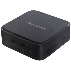 Black USB hub/dock with two USB ports and an audio jack on the front edge