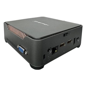 Black mini PC or small form-factor computer with VGA, HDMI, USB, Ethernet ports, audio jack, and a copper heatsink visible.