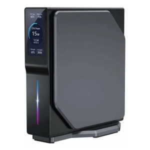Gaming desktop tower with side panel display showing system stats and a vertical RGB light bar.
