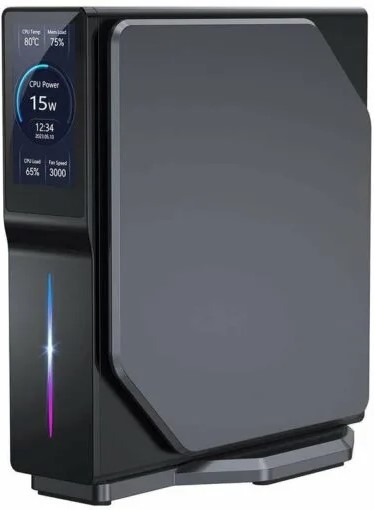 DECIBELL-S1-N95-8-512 - Computech-Solutions Gaming desktop tower with side panel display showing system stats and a vertical RGB light bar.