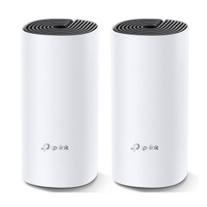 Pair of white cylindrical TP-Link devices with black spiral vents on top, standing on a white surface.
