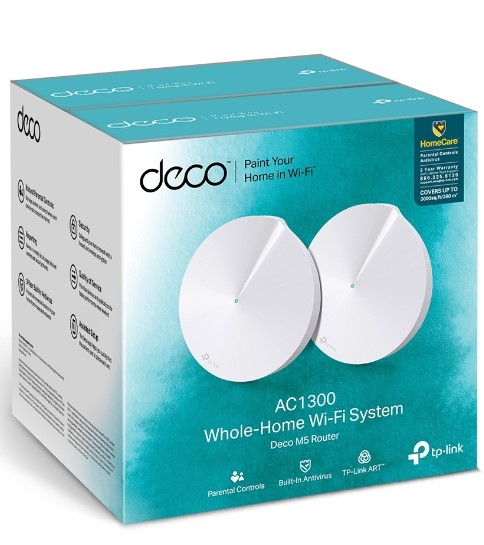 DECO-M5-2-PACK - Computech-Solutions Box for Deco AC1300 Whole-Home Wi-Fi System with two white circular nodes shown on the front.
