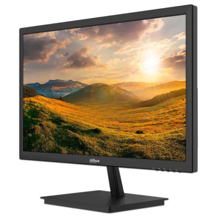 DHI-LM19-L200 - Computech-Solutions Black computer monitor on a stand displaying a sunset landscape over rolling hills.