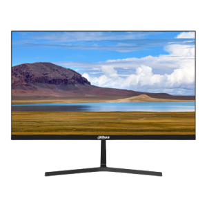 Widescreen monitor on a slim black stand displaying a landscape with mountains, a lake, and blue sky; Dahua logo visible on the bottom bezel.