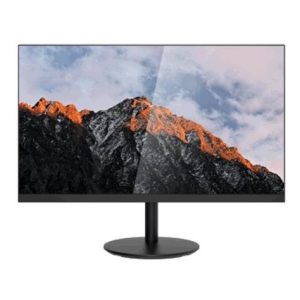 Widescreen monitor on a round stand displaying a mountain wallpaper.