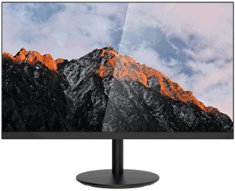 DHI-LM27-A201X - Computech-Solutions Flat-screen monitor on a circular stand displaying a mountain range with orange-tinged peaks against a blue sky.