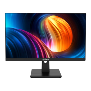 Dahua computer monitor on a black stand displaying a vibrant abstract wallpaper with swirling blue, orange, and purple colors