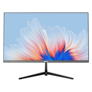 Slim widescreen monitor on a black V-shaped stand displaying a blue-and-white abstract wallpaper with a Hua logo at the bottom bezel.