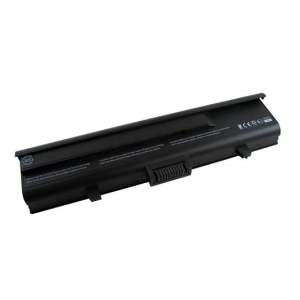 Black laptop battery with a central connector and warning label along the side