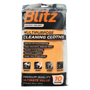Blitz multipurpose cleaning cloths package with orange logo; features include super-absorbent, durable, washable cloths; 10 cloths (30x60 cm).
