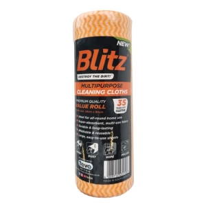 Blitz multipurpose cleaning cloth roll in orange and black packaging; 35 sheets, 24 cm x 50 cm, for dust, wipe and polish.