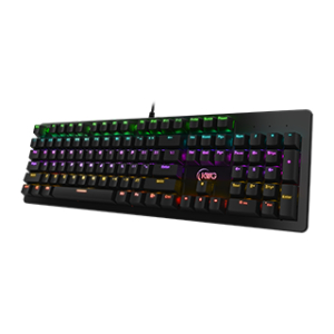 angled view of a black mechanical gaming keyboard with rainbow RGB backlighting across the keys and a circular logo in the center