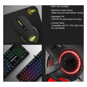Black gaming mouse with a neon yellow logo on a dark surface (top-left). With diagonal lighting and matte finish, conveys a gaming peripheral node.