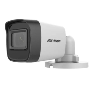 Hikvision outdoor security camera mounted on a round base, angled slightly to the left.