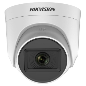 White Hikvision dome security camera facing forward (surveillance lens at center)