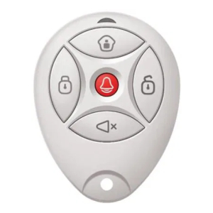 White car alarm remote with a red panic button in the center and lock/unlock buttons around it.