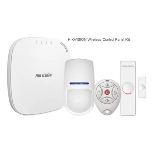 Hikvision wireless security control panel kit: central hub, motion detector, keypad remote, door/window sensor, and slim wall panel.