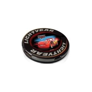Round car hubcap featuring Lightning McQueen from Cars with red race car and 'LIGHTYEAR' text around the edge.