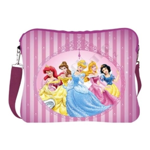 Pink striped shoulder bag with a central oval featuring five Disney princesses in their gowns, and a purple strap visible on the side.