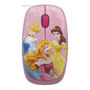 DSY-MO101 - Computech-Solutions Pink computer mouse with a print of three Disney Princesses (Cinderella, Aurora, and Belle) in ball gowns.