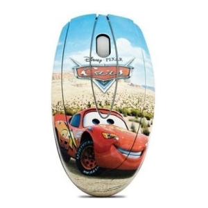 Decorated computer mouse featuring Lightning McQueen from Disney Pixar Cars on a desert background.