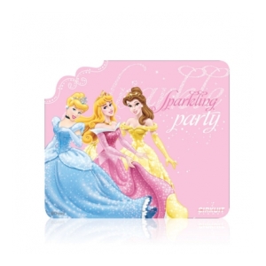 Pink party invitation featuring three Disney princesses (Cinderella in blue, Aurora in pink, Belle in yellow) with 'sparkling party' text.