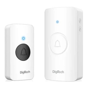 DigiTech wireless doorbell kit: two white receivers with a black push button and blue indicator lights.