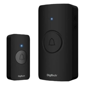 Wireless doorbell transmitter and receiver set in black: a small button-sized sensor and a larger wall-mounted receiver, each with a round bell button and a blue indicator light.