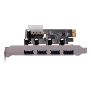 PCIe USB 3.0 expansion card with four rear USB-A ports on a metal bracket with blue USB connectors