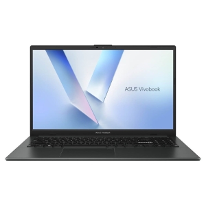 Open dark-gray ASUS Vivobook laptop showing a colorful screen with the text 'ASUS Vivobook' on the display edge and keyboard area visible.