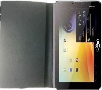 E870WCOVER - Computech-Solutions Geeko tablet in a dark folio case, opened at an angle, showing a colorful home screen with app icons