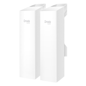 Three tall white rectangular product boxes standing upright side by side, with faint Omada branding on the fronts.