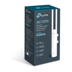 TP-Link AC1200 wireless MU-MIMO indoor/outdoor access point box with two antennas shown.