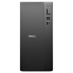 Front view of a Dell desktop tower with the power button, slim optical drive slot, audio jack, and multiple USB ports on the right panel, and the Dell logo in the middle.