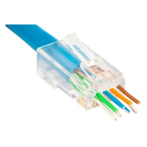 Close-up of a transparent RJ45 Ethernet connector with color-coded twisted wires inside