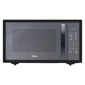 Black countertop microwave oven with a glass door, digital keypad and display on the right (Midea logo on the door).