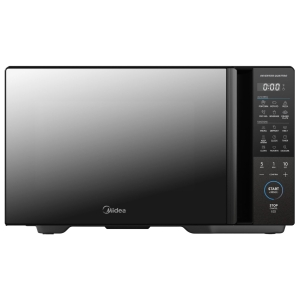 Microwave oven with a black front, silver door, and a right-side control panel showing a digital display and 'START' button area (Midea logo bottom).