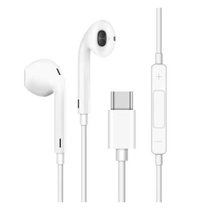 White wired earbuds with an inline remote and mic, shown with a USB-C connector on a white background.