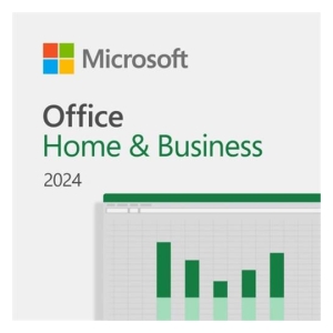 Microsoft Office Home & Business 2024 cover featuring the Microsoft logo, title, and a partial green bar chart.