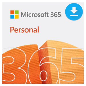 Microsoft 365 Personal cover art with the logo and large orange 365 numerals on a light background.