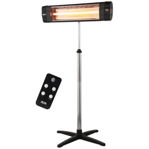 Tall standing infrared heater on a metal adjustable stand with a remote control, four-foot base, and ALVA branding on the heater head.