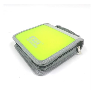 Small zippered storage pouch with a bright lime-green front and gray edges, placed on a white background.