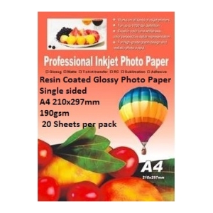 Front of A4 resin-coated glossy photo paper pack: single-sided, 190gsm, 20 sheets, colorful fruit and balloon art.