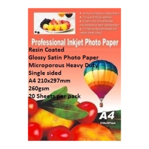 Pack of A4 inkjet photo paper, 20 sheets, 260 gsm, resin-coated with glossy and satin finishes (front label visible).