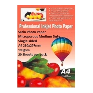 A4 satin inkjet photo paper, 210×297 mm, 190 gsm, microporous, single-sided, 20 sheets per pack