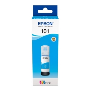 Epson 101 cyan ink cartridge in blue and white packaging for printers, shown upright in box