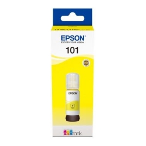 Epson 101 yellow ink bottle in its blue-and-yellow packaging for EcoTank printers.