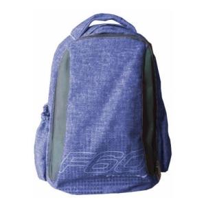 Blue backpack with a top handle and front zipper pocket.