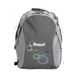 Grey backpack with light gray panels and a colorful gear logo on the front.