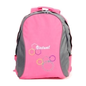 Pink backpack with gray side panels and pink straps, featuring a 'Virtual' logo and colorful circular design on the front pocket.